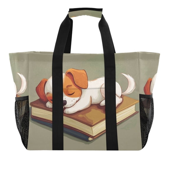 Large Hand-Held Storage Bag Kitchen Reusable Grocery Bags， Travel Tote Bags， Waterproof Tote，Laundry Bag，Beach Bag， Pool Bag Book Sleeping Puppy