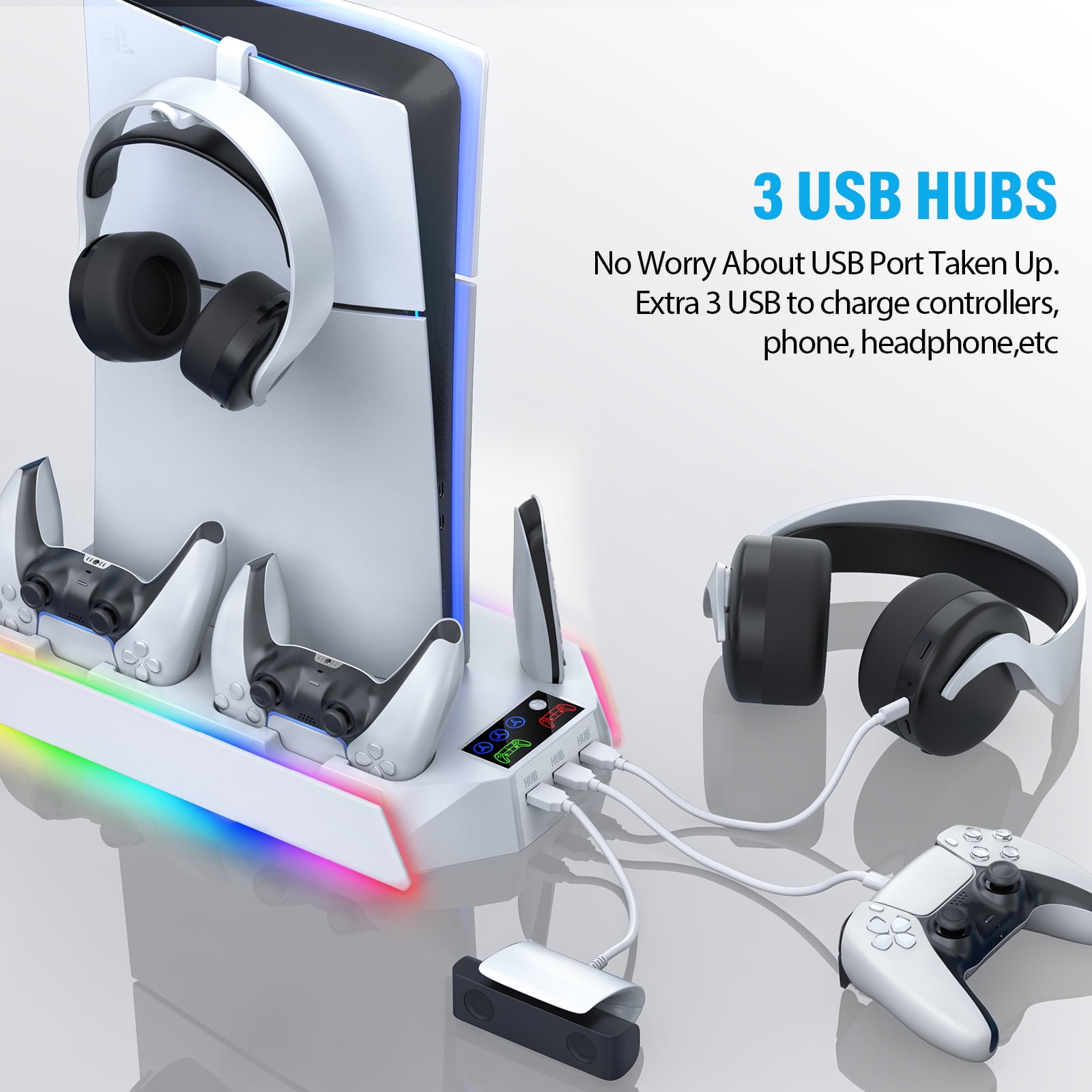 PS5 Stand with Cooling Fan,ZRZLMVP PS5 Cooling Station with Dual Controller Charging Station for PS5 Slim/Pro/Standard,3H Fast Charging/3 Speed Airflow/3 USB Ports/3 Lights-White