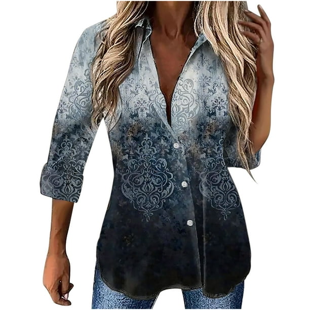 Long Sleeve Blouses For Women Dressy Casual Floral Print Ombre Color ...