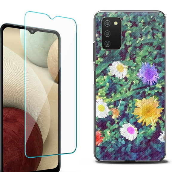 Slim-Fit Protective Fashion Phone Case (Black) for Samsung Galaxy A03s, with Tempered Glass Screen Protector, by OneToughShield ® - Daisy Paint