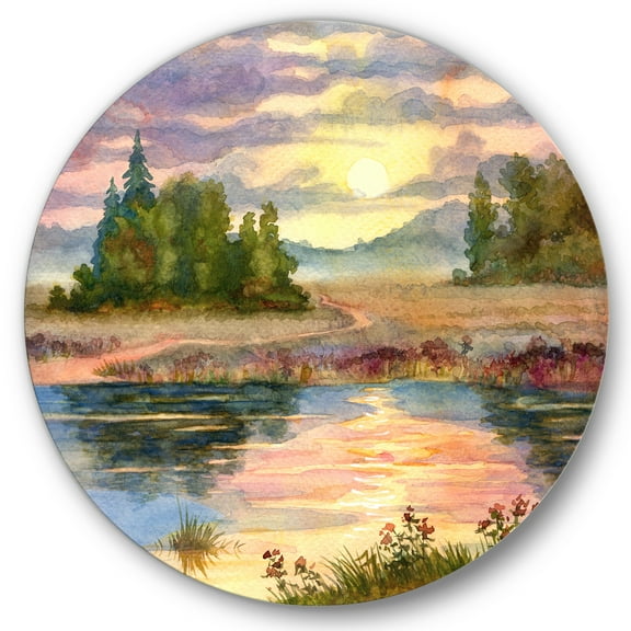Designart 'The Rural Lake In Sunset Evening I' Traditional Circle Metal Wall Art 36x36 - Disc of 36
