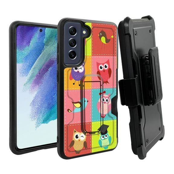 ANJ  Rugged Dual Layer Shockproof Holster Case w/Card Slot, Kickstand   Tempered Glass for Samsung Galaxy S21 FE 5G - Patchwork Owls