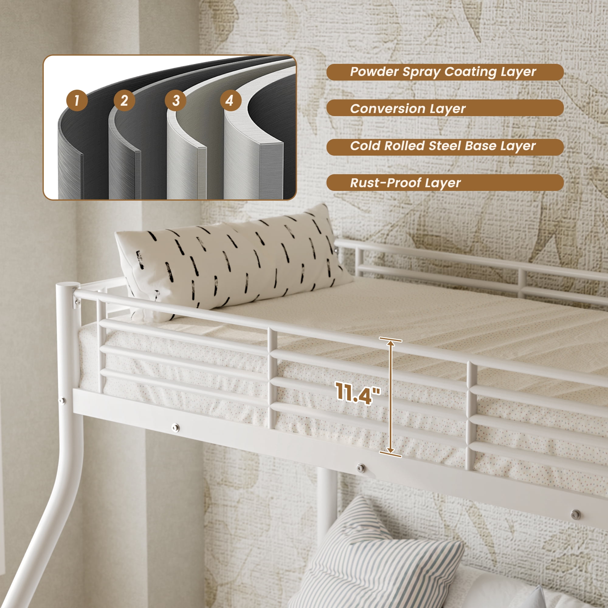 White Twin Over Full Metal Bunk Bed Frame with Safety Guardrail & Ladder, Sturdy Steel Bed, Noise-Free, No Box Spring Needed for Bedroom Dorm