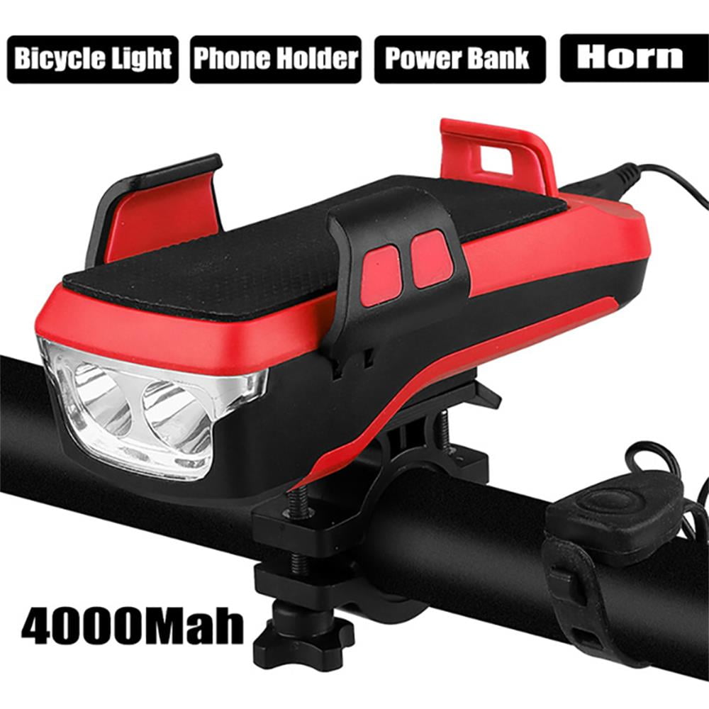 USB Rechargeable LED Bicycle Lights 4-in-1 LED Bright Cycling Light with Bicycle Horn Bike Phone Holder & Power Bank Fits All Bicycles,Black Bike Light