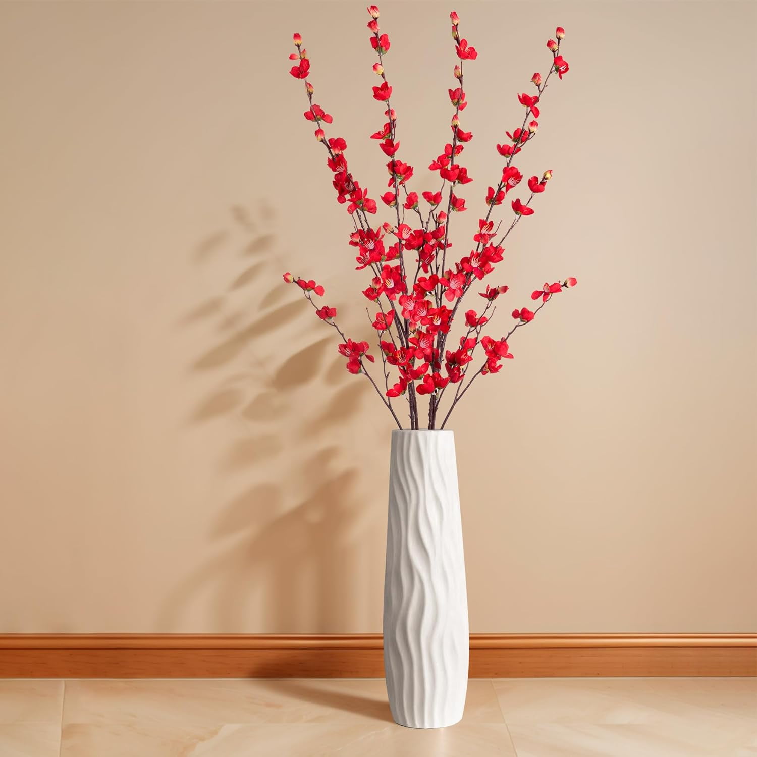 Artificial Faux Plants Flowers Indoor Spring Decor，4 Bundles Fake Silk Plum Blossom,Faux Silk Cherry Blossom Branches for Wedding Office Party Hotel Home Decor，Vase Not Included(White)