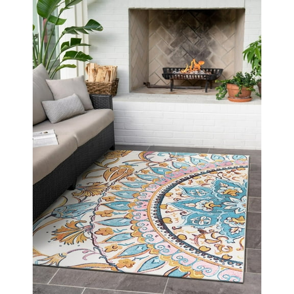 Unique Loom Outdoor Traditional Collection Area Rug - Heritage (5' 1" x 8' Rectangle Multi/Blue)