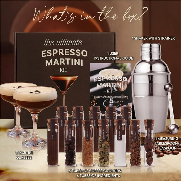 Premium Espresso Martini Kit with Shaker, Glasses & Botanicals - Complete Bar Set for Home Mixology