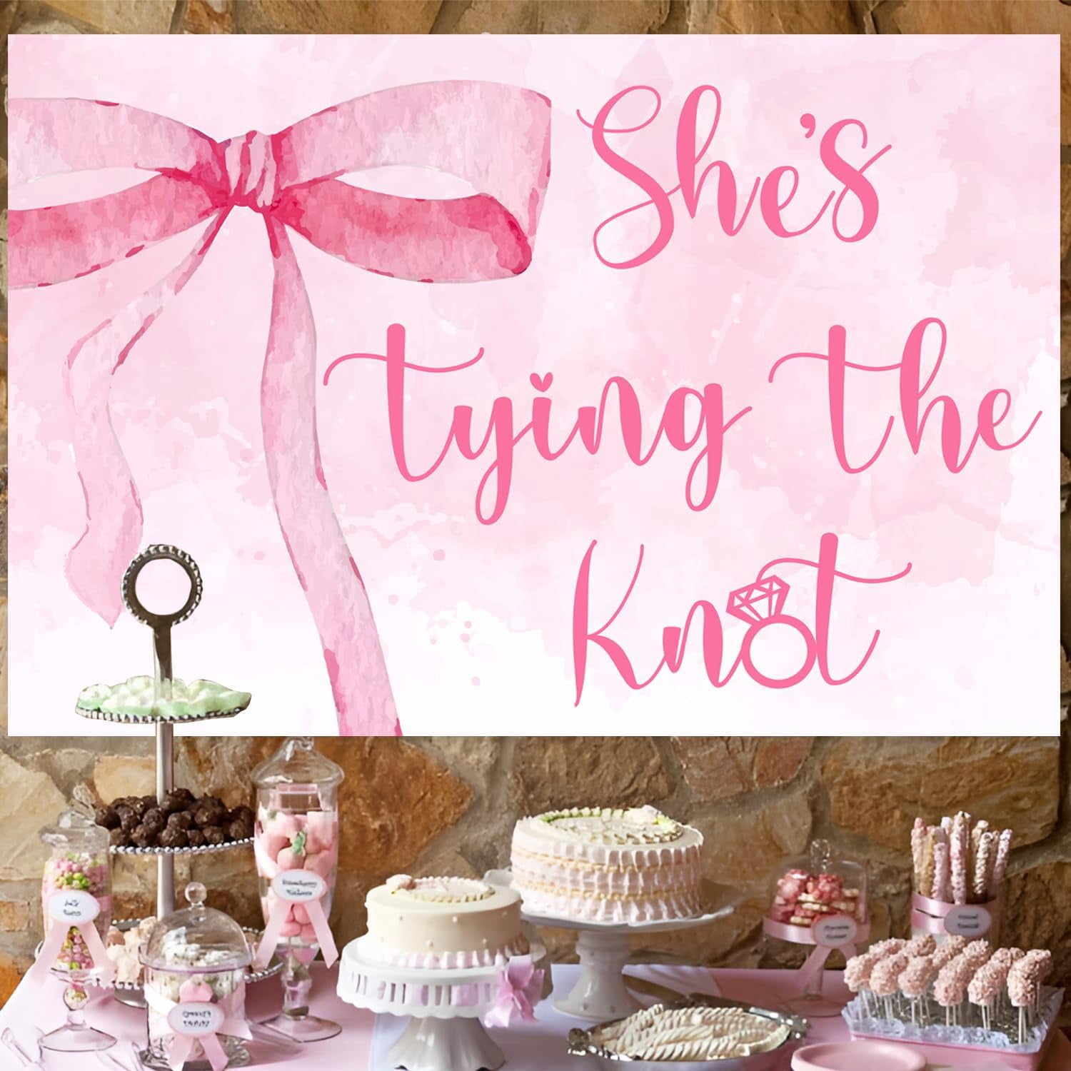 Merrystorm She's Tying The Knot Bridal Shower Decorations, Pink Bow Coquette Bachelorette Party Supplies Backdrop Banner Bow Balloon Garland Arch Kit for Women Bachelorette Bridal Shower