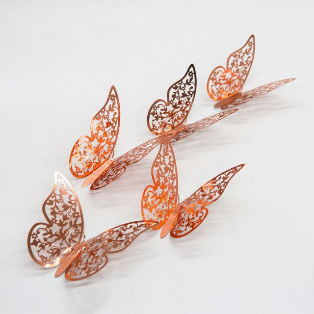 12 pegatinas de pared de mariposa 3D, arte de bricolaje, pegatinas con purpurina de oro rosa para dormitorio de niños, sala de estar, decoración de fiesta en el hogar, pegatinas metálicas extraíbles,