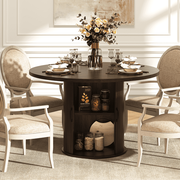 Sonegra 47" Round Dining Table with Storage, Modern Fluted Circle Kitchen Table with 2-Layer Storage and Sliding Door, for Kitchen Living Room, Brown
