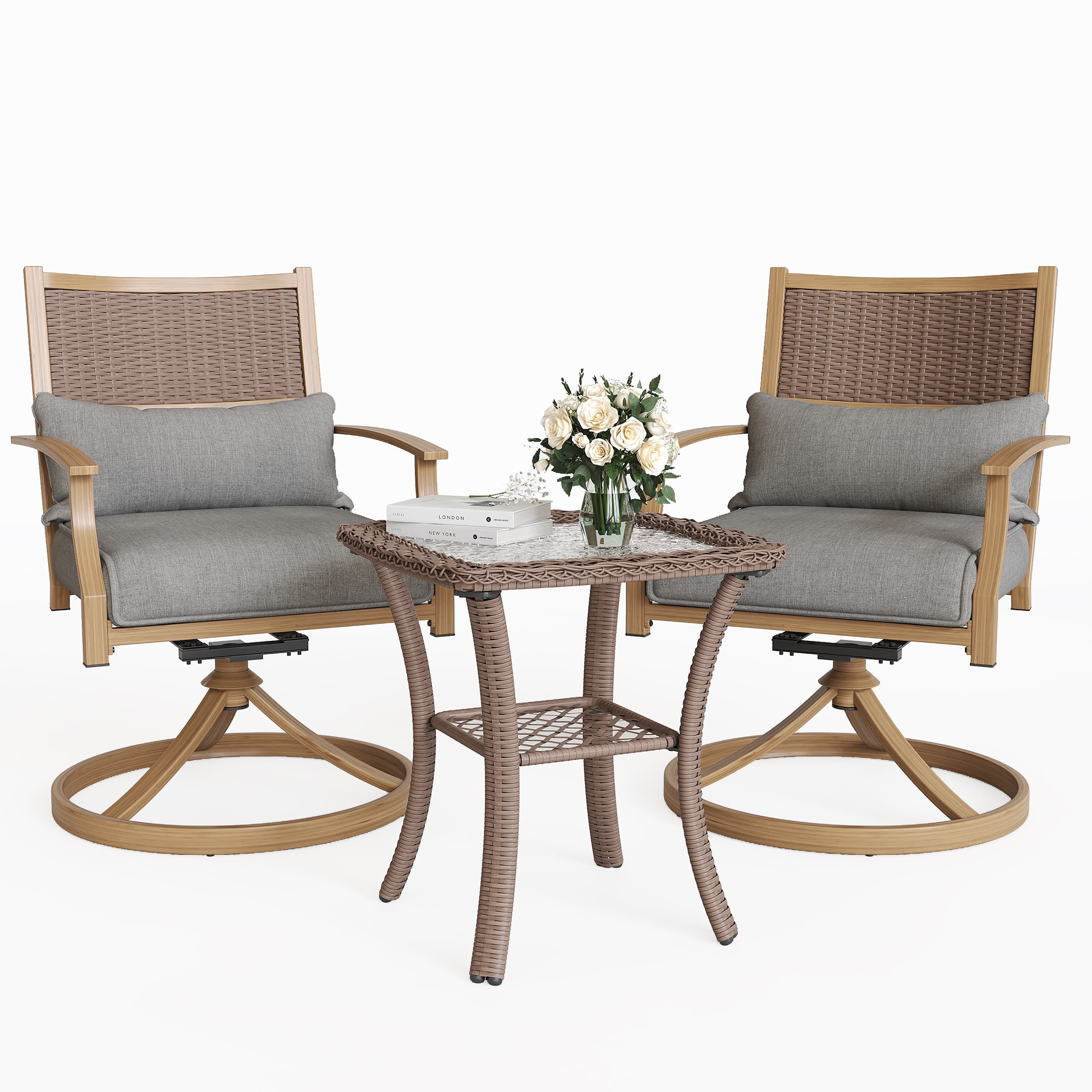 Poteban 3 Pieces Patio Swivel Chairs Set of 2 with Wicker Table, Bistro Set with Swivel Rocker Chair, Outdoor Furniture with Thickened Cushions for Porch Backyard Deck (Gray)