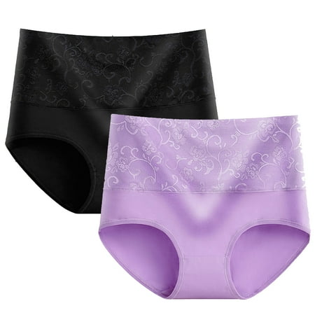 Underwear Women Pack Thong 2pc High Waist Tummy Panties for Women  Cotton Underwear Full Cover Shapewear Ladies Floral Lace Waisted Brief Panties Briefs Women L