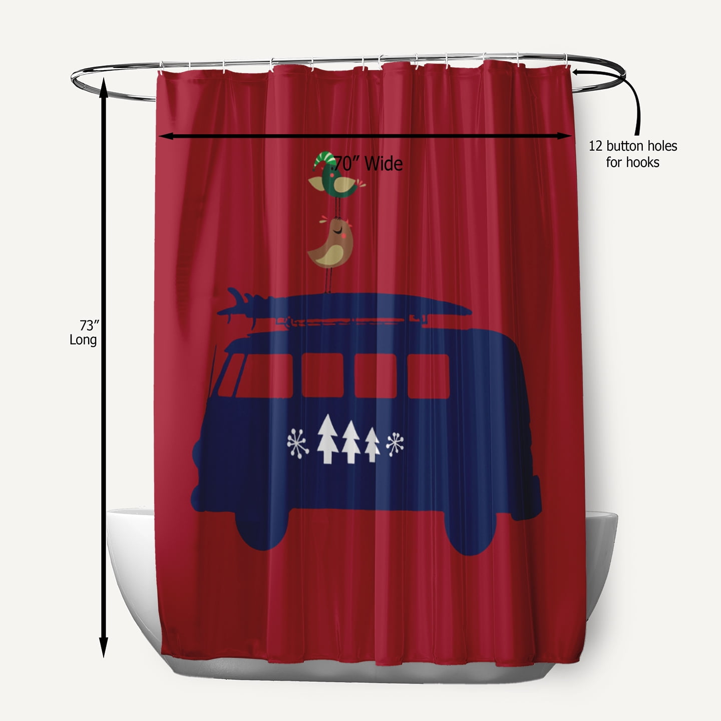 Simply Daisy 70" W x 73" L Christmas Surf Bird Polyester Shower Curtain, Haute Red [1 Ct]