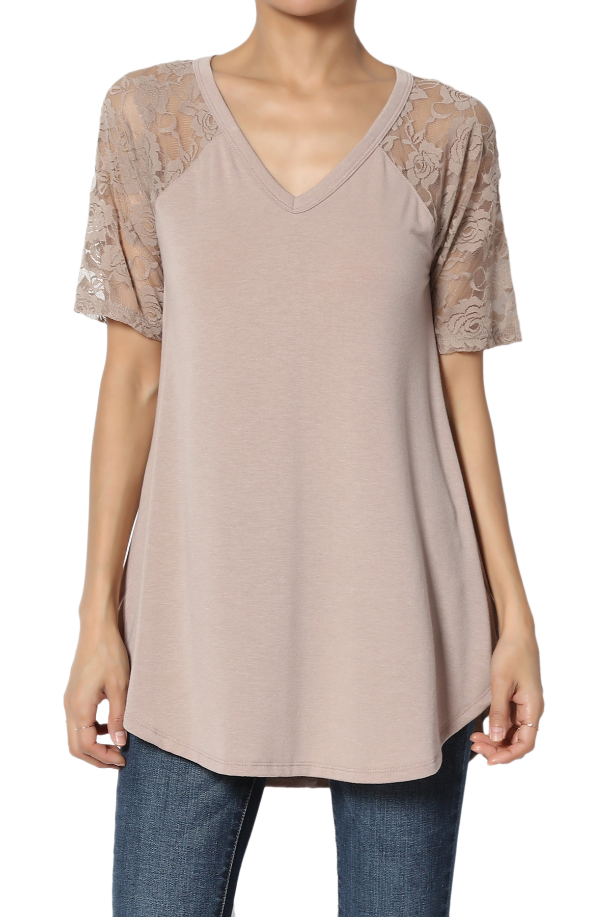 TheMogan Women's S3X LaceSleeve Jersey Top VNeck Extended Curved Hem