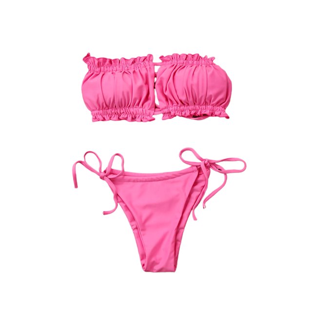 ZAXARRA Women's Solid Color Swimming Set Bandage Bikini Top + Lace Up Briefs
