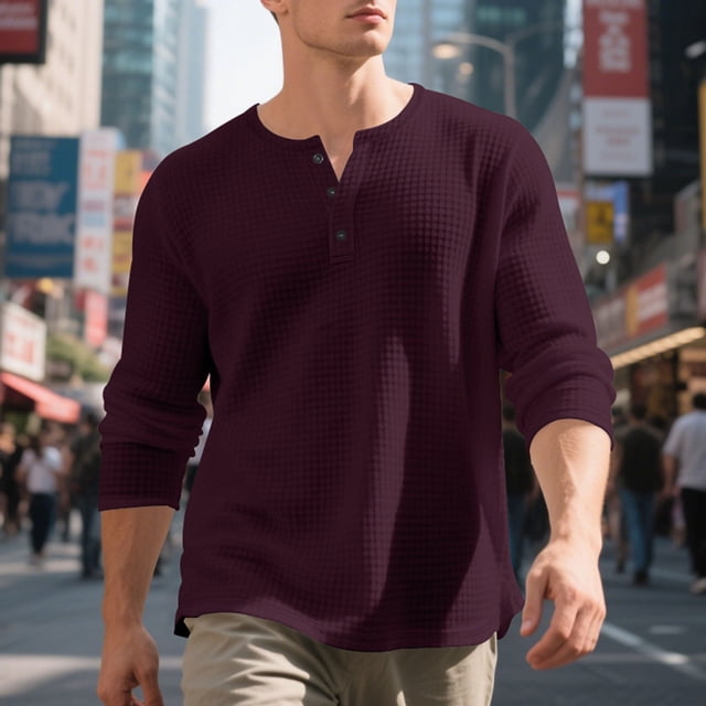 pstuiky manga larga para hombre, Camiseta informal de manga larga con cuello redondo y botones para hombre, color liso, transpirable y a la moda Tops de talla grande para hombre xxl