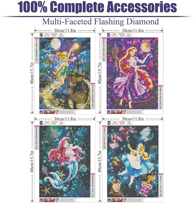 4 Pack Diamond Painting Kits for Adults, 5D Princess Diamond Art for Beginners, Full Drill Gem Dots for Home Wall Decor 12x16inch
