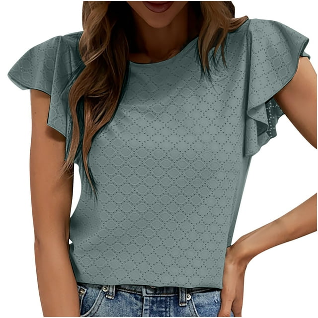 Summer Shirts for Women Crew Neck Ruffle Short Sleeve Tunic Tops Casual Loose Comfy Ladies Going out Tees Blouse Green