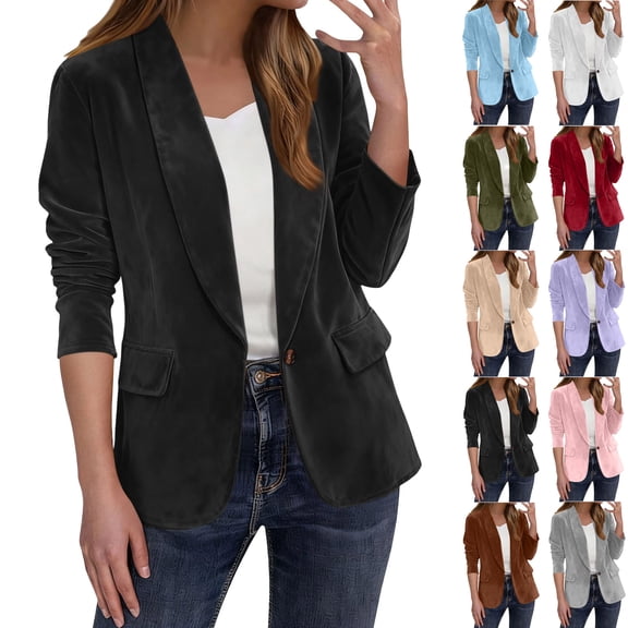 Dgankt Jackets for Women Solid Color Velvet Open Front Blazer Long Sleeve Casual Office Jacket with Pockets,Sizes S-2XL