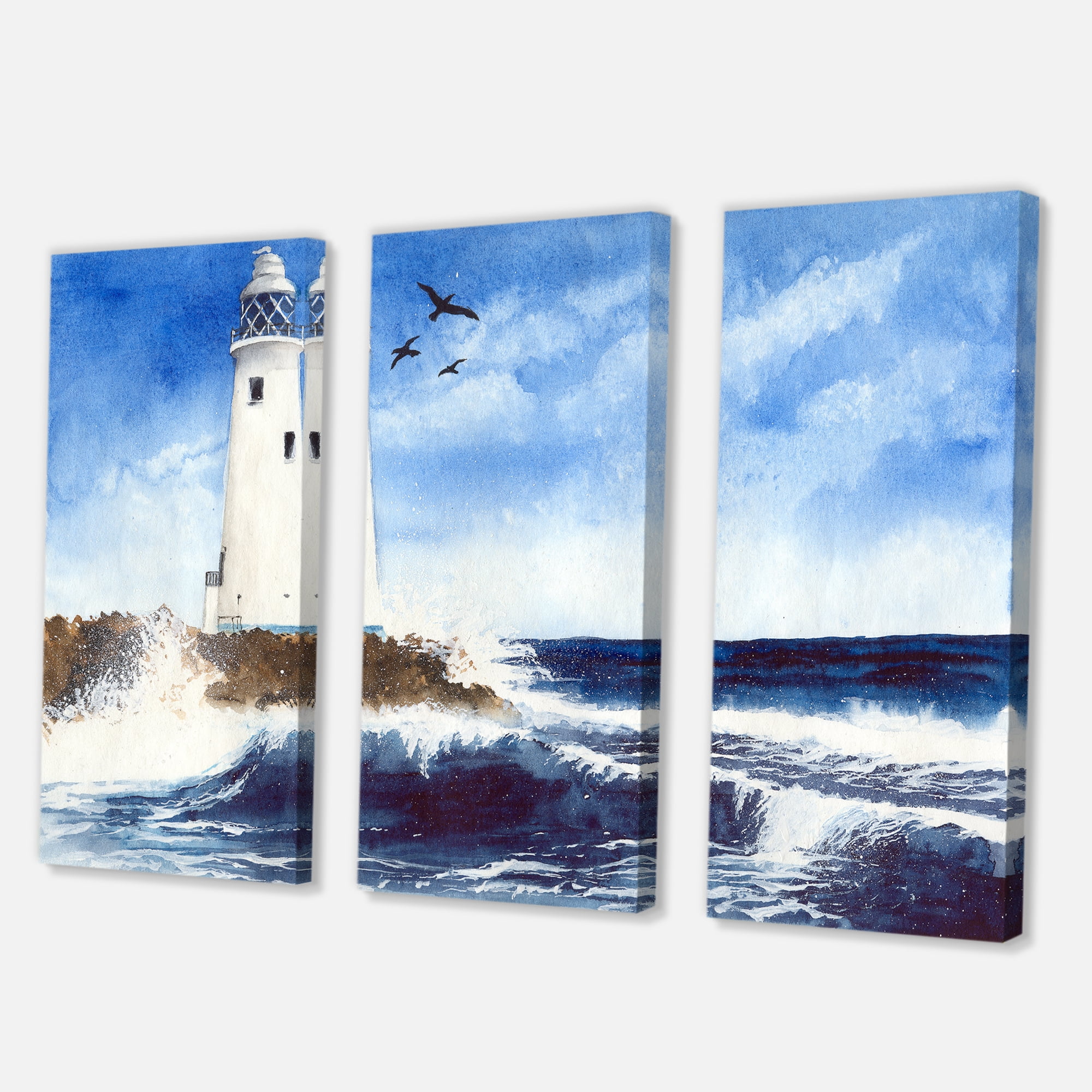 Designart ' Seagulls With Lighthouse On The Rocky Island ' Nautical & Coastal Canvas Wall Art Print