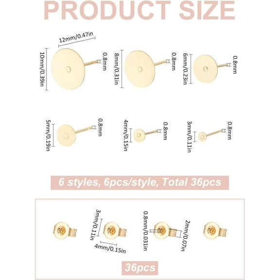 1set 36pcs 304 Stainless Steel Stud Earring Findings with 36pcs Ear Nuts Flat Round golden 3~10x0.3mm Pin: 0.7mm