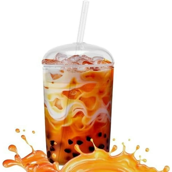 16Oz Glass Tumbler with Dome Lid, Reusable Iced Coffee Cup with Straw - Spill-Resistant Drinking Cup for Frappes & Smoothies - Dishwasher Safe(Clear)