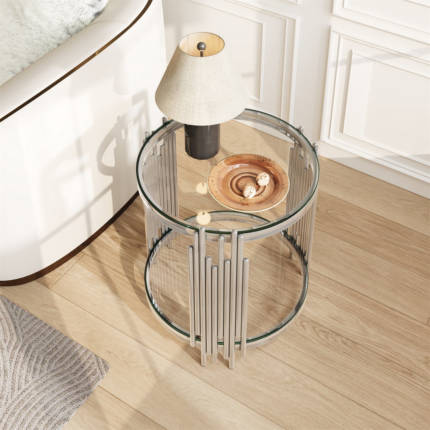 Hommoo 19.7 Inch Round 2-Tier Glass End Table, Stainless Steel Base with Clear Tempered Glass, Modern Luxury Side Table for Living Room, Bedroom & Home Office, Sliver