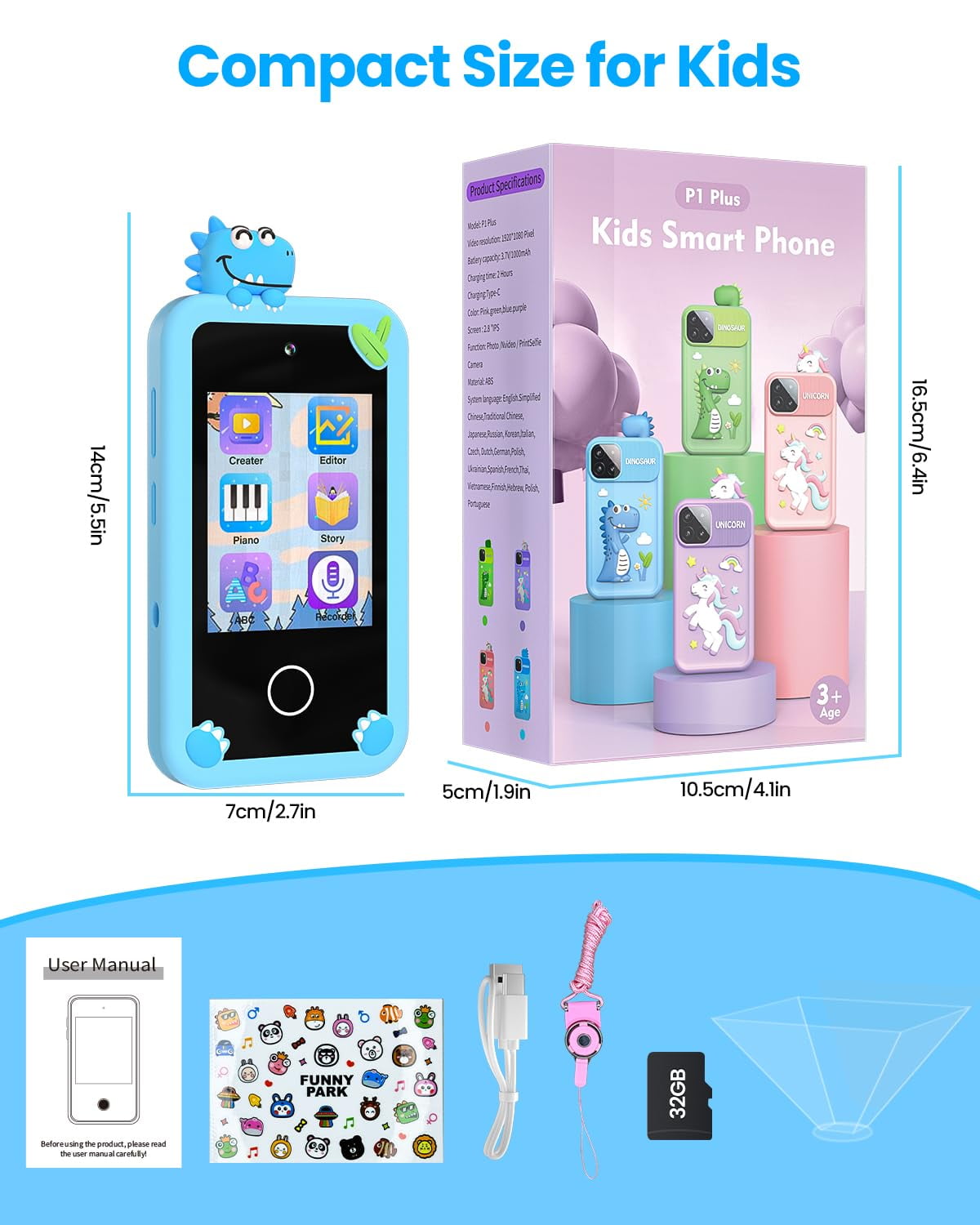 Merryhome Kids Smart Phone for Boys with 32G Card & Holographic Pyramid, Christmas Birthday Gifts for Age 3-10 Kids Toys Cell Phone, 2.8" Touchscreen Toddler Learning Toy, Dual Lens, Music Player