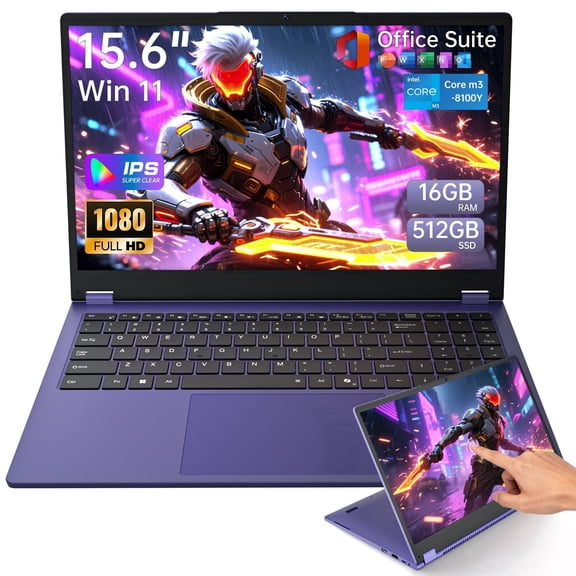 15.6" Touchscreen Laptop FHD Display,Intel Core i3 Processor,16GB RAM 512GB SSD ,Windows 11 Pro MS Office 2024,360° Foldable 2 in 1 Laptop Computer,purple