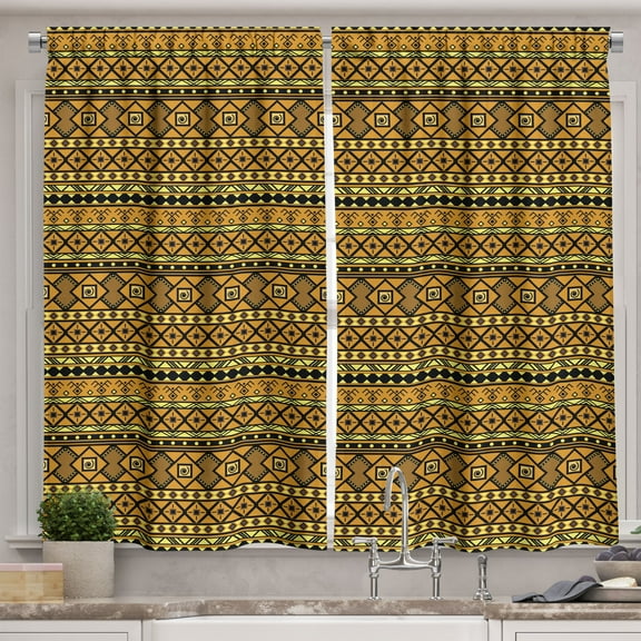 Ambesonne Tribal Kitchen Curtains, Geometric Folk, 55"x39", Amber Yellow and Black