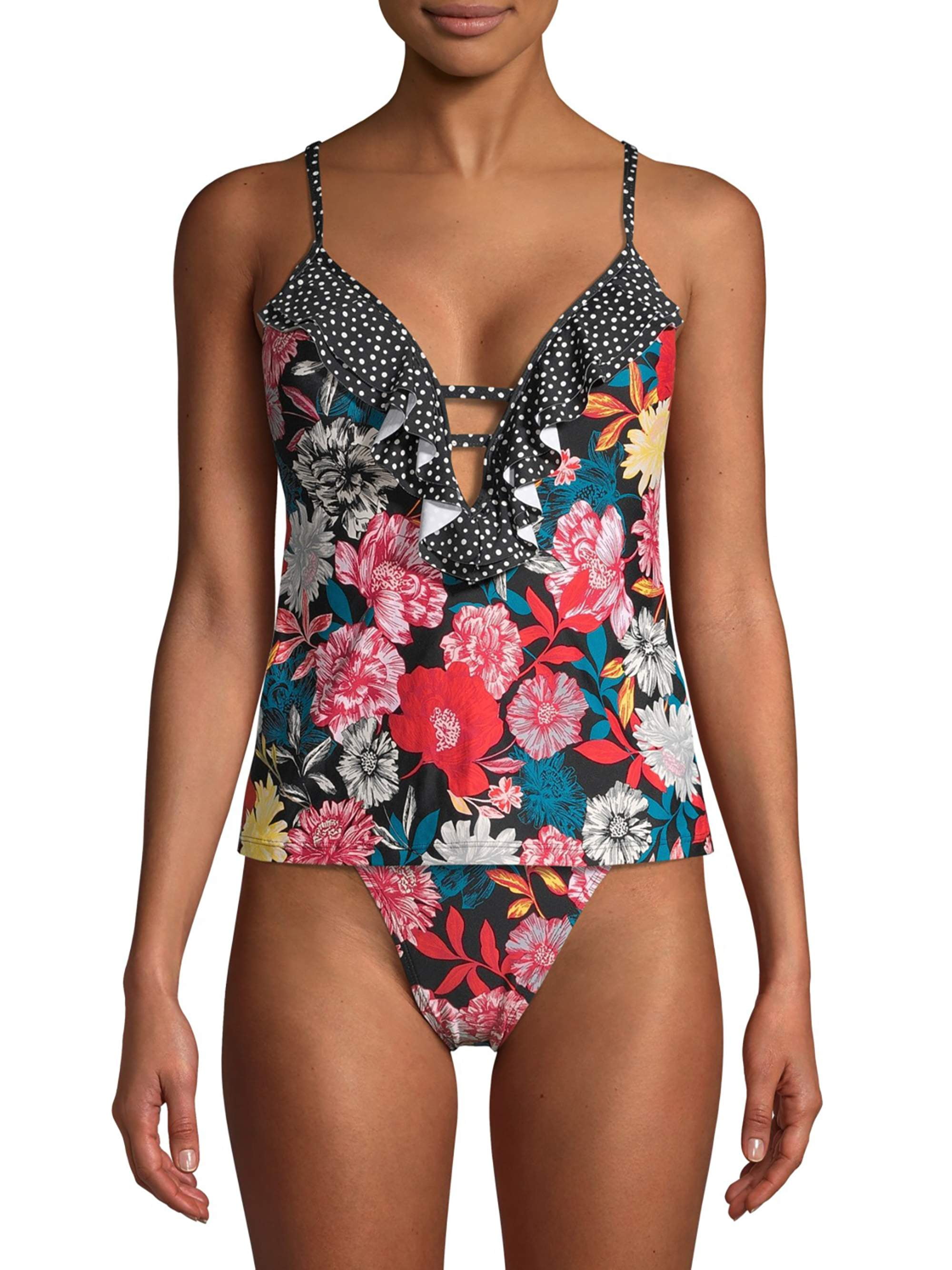 Time And Tru Women's A Line Black Floral Tankini & Bikini Bottom 2pc Swimsuit