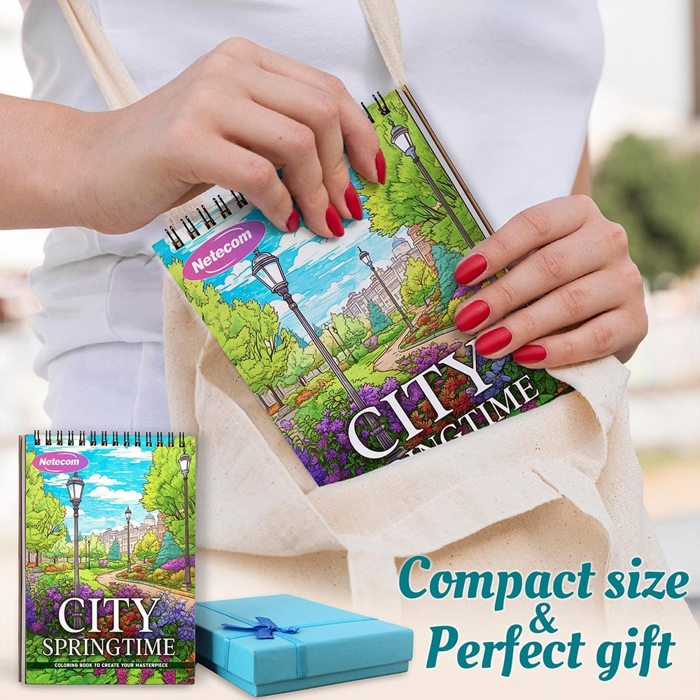 Netecom City Springtime Coloring Book Spiral Bound For Adults, A5 Wooden Cover, 30 Charming Coloring Pages of City Parks and Lively Spring Vibes for Stress Relief and Relaxation