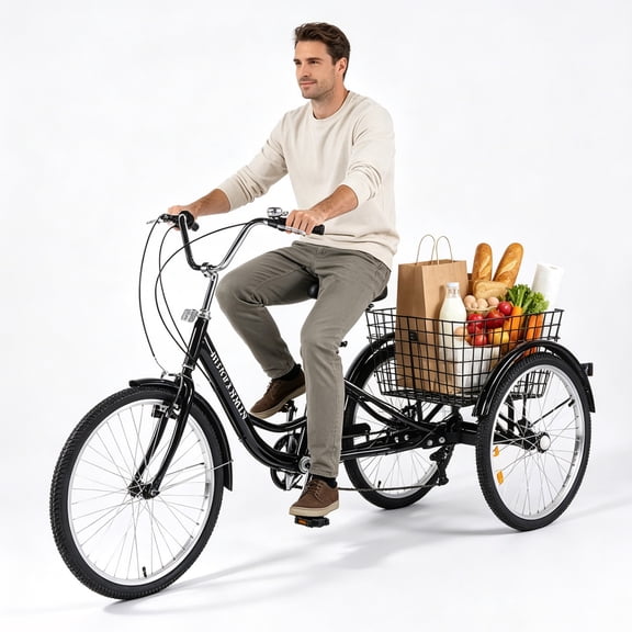 MENGFANMIN Adult Tricycle 7 Speed, 24 Inch 3 Wheel Bikes Extended Rear Wheelbase Tricycle Wheel Bike with Rear Basket for Women Seniors Maximum Load 550lbs