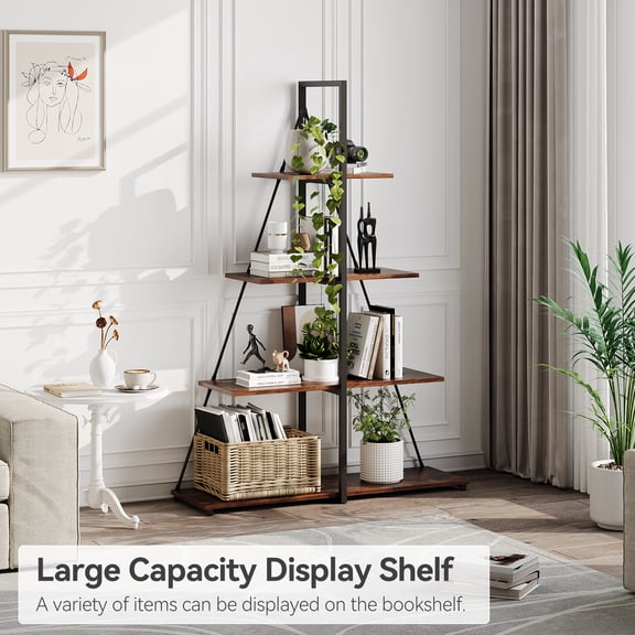 4-Tier Slim A-Frame Ladder Bookshelf - Corner Bookcase with Particle Board Shelves, Space-Saving Storage & Display - Black Iron Vintage Wood Board