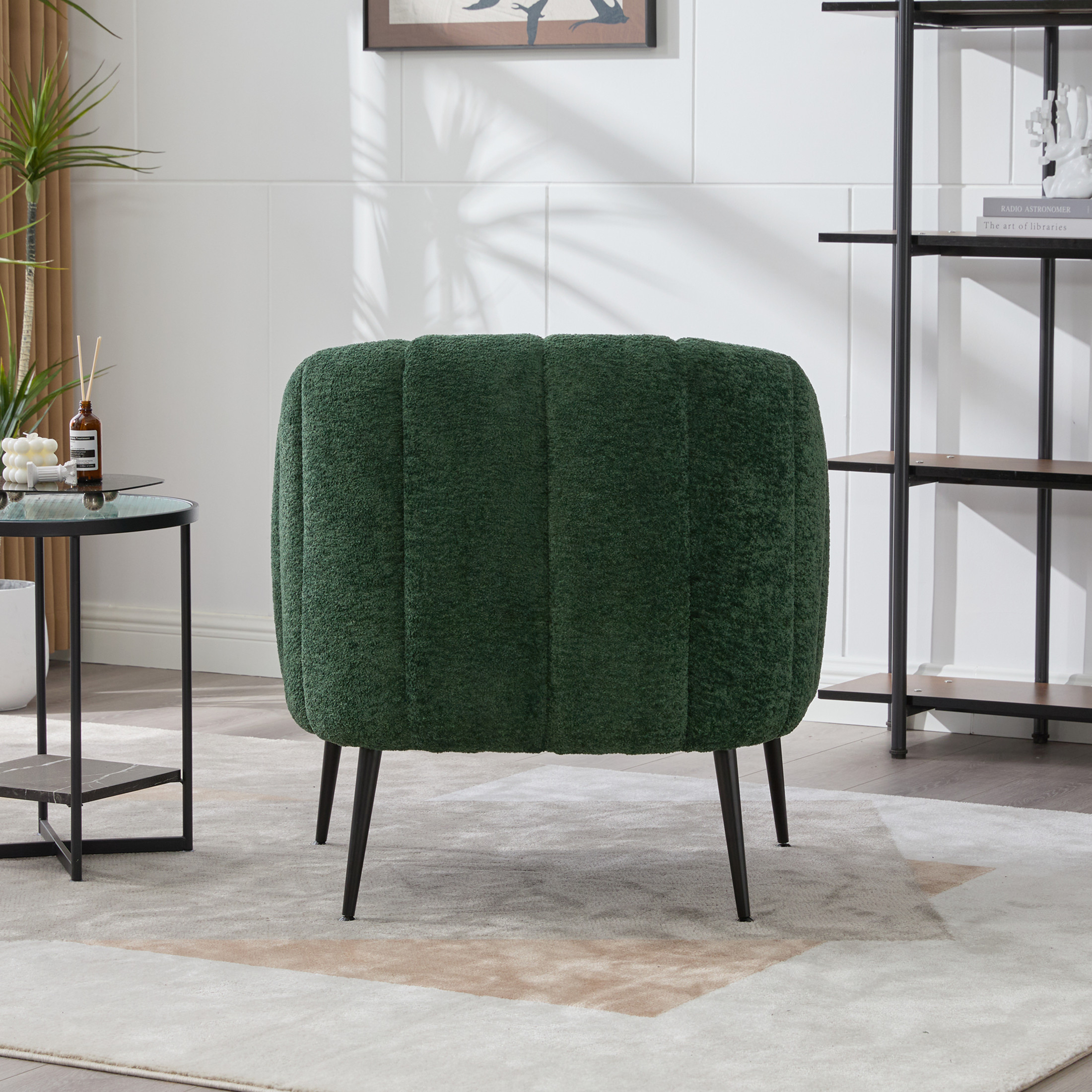 Noble House Solval 29.9" Chenille Barrel Accent Chair, Channel Tufted Lounge Chair with Metal Legs, Living Room, Green