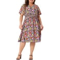 thumbnail image 2 of Vestido de mujer de talla grande Agnes Orinda, con escote en V, mangas acampanadas, estampado floral, vestido midi de playa 1X naranja y amarillo, 2 of 6