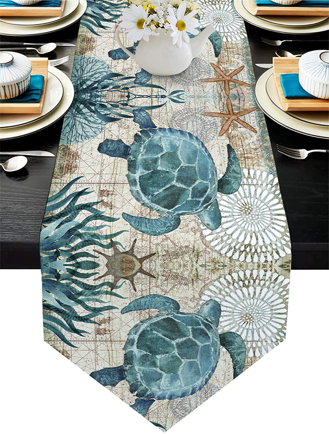 Ocean Mermaid Fish Scales Table Runner 13x70 inch Sea Animal Long Rectangle Table Runner Family Dinner Cloth Polyester for Home Kitchen Farmhouse Dining Wedding Party Coffee Table Decor 