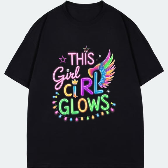 Black T Shirt This Girl Glows Neon Wings And Lights Print For Party And Casual Wear