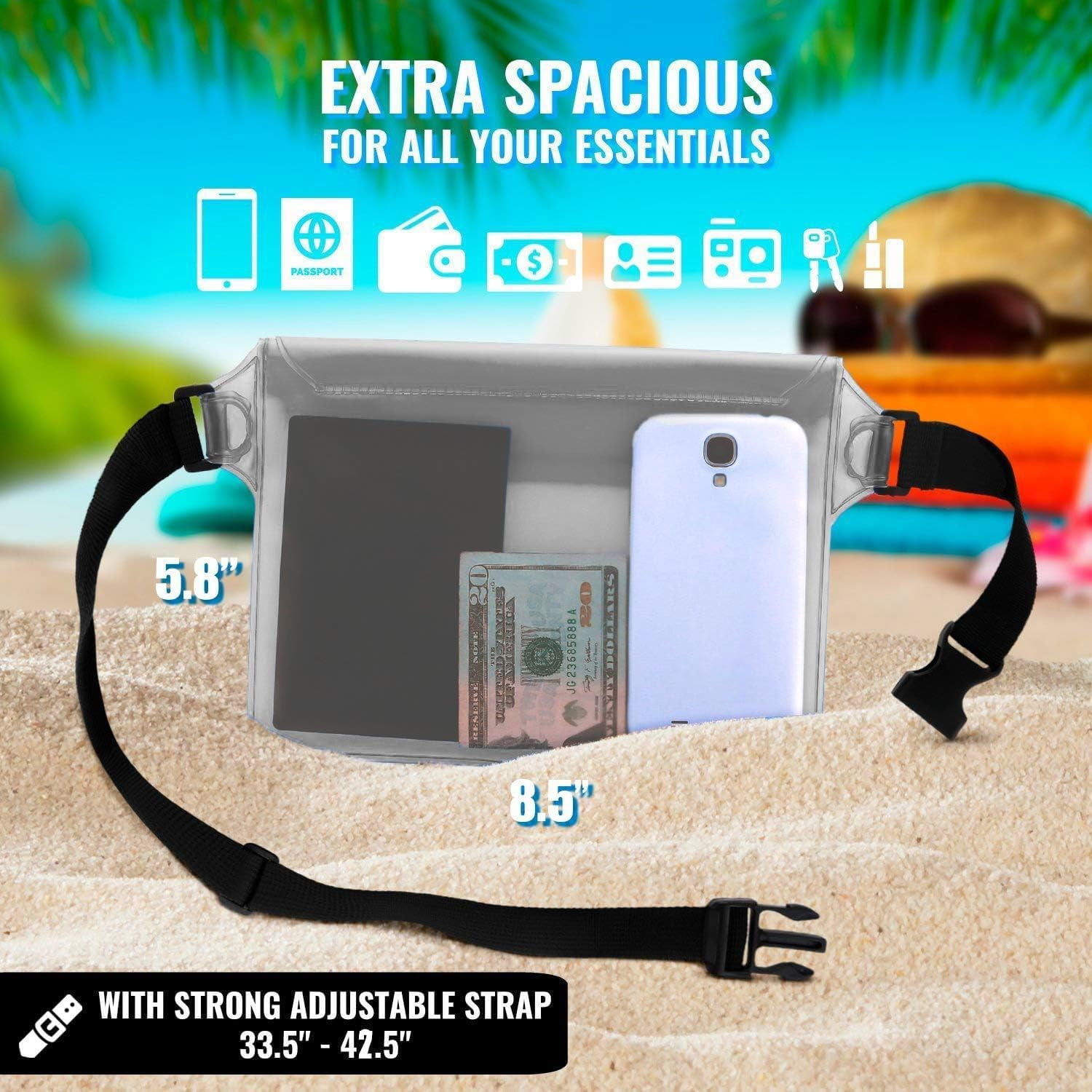 Ron Waterproof Pouch with Waist Strap (2 Pack) | Beach Accessories Best Way to Keep Your Phone and Valuables Safe and Dry | Perfect for Boating Swimming Snorkeling Kayaking Beach Pool Water Park