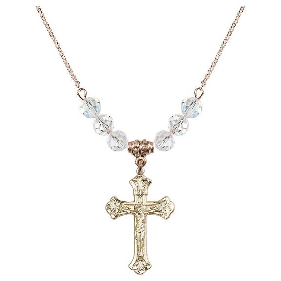 18-Inch Hamilton Gold Plated Necklace with 6mm White April Birth Month Stone Beads and Crucifix Charm