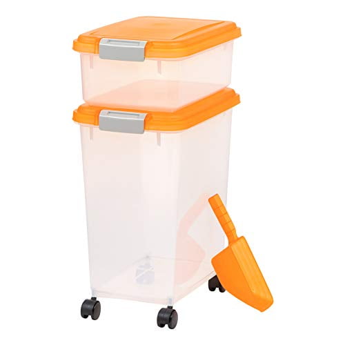 Iris Usa Airtight Food Storage Container Combo With Scoop And Treat Box For Dogs Cats Bird Orange 3 Piece Com Iris Usa Airtight Food Storage, Pet Food Storage Box On Wheels With Scoop