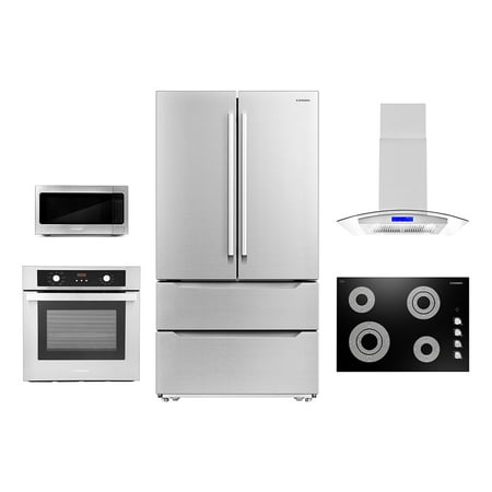 Cosmo 5 Piece Kitchen Appliance Package With 30  Electric Cooktop 36  Island Range Hoood 30  Single Electric Wall Oven 30  Over-the-range Microwave & French Door Refrigerator