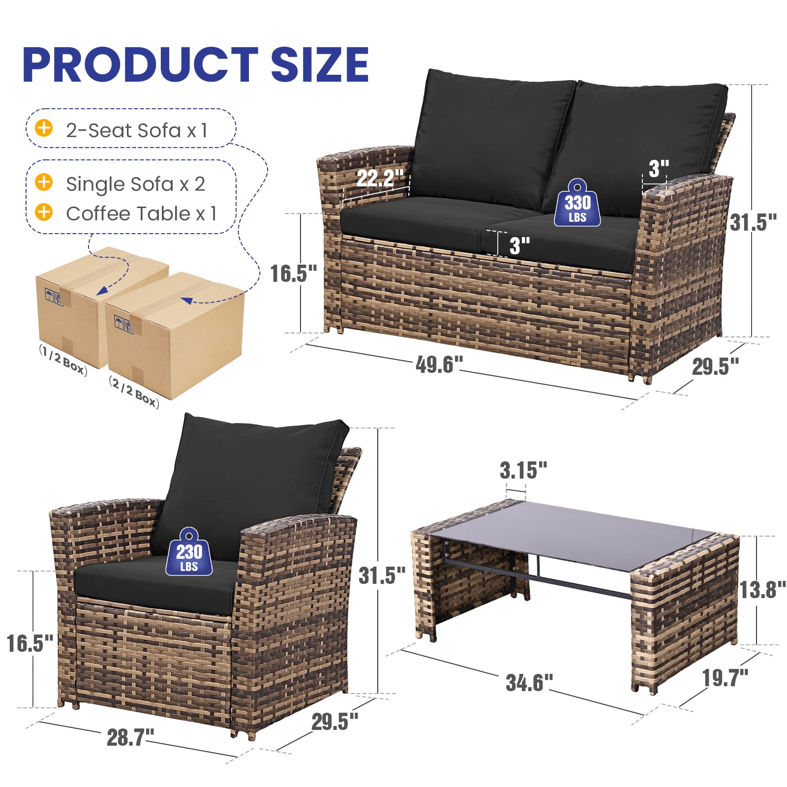 YIORTWO 4-Piece Outdoor Patio Furniture Set, Wicker Sofa Set with Thick Sandwich Cushions, All-Weather Rattan Deep Seating Set with Tempered Glass Table, Black