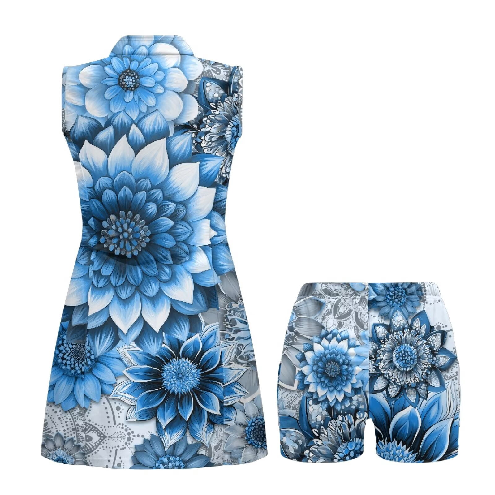 Yuyamidu Blue Boho Mandala Floral Golf Dresses for Women Moisture Wicking Workout Active Athletic Dresses with Shorts Workout Dress with Two Side Pockets Golf Outfit Size 2XL
