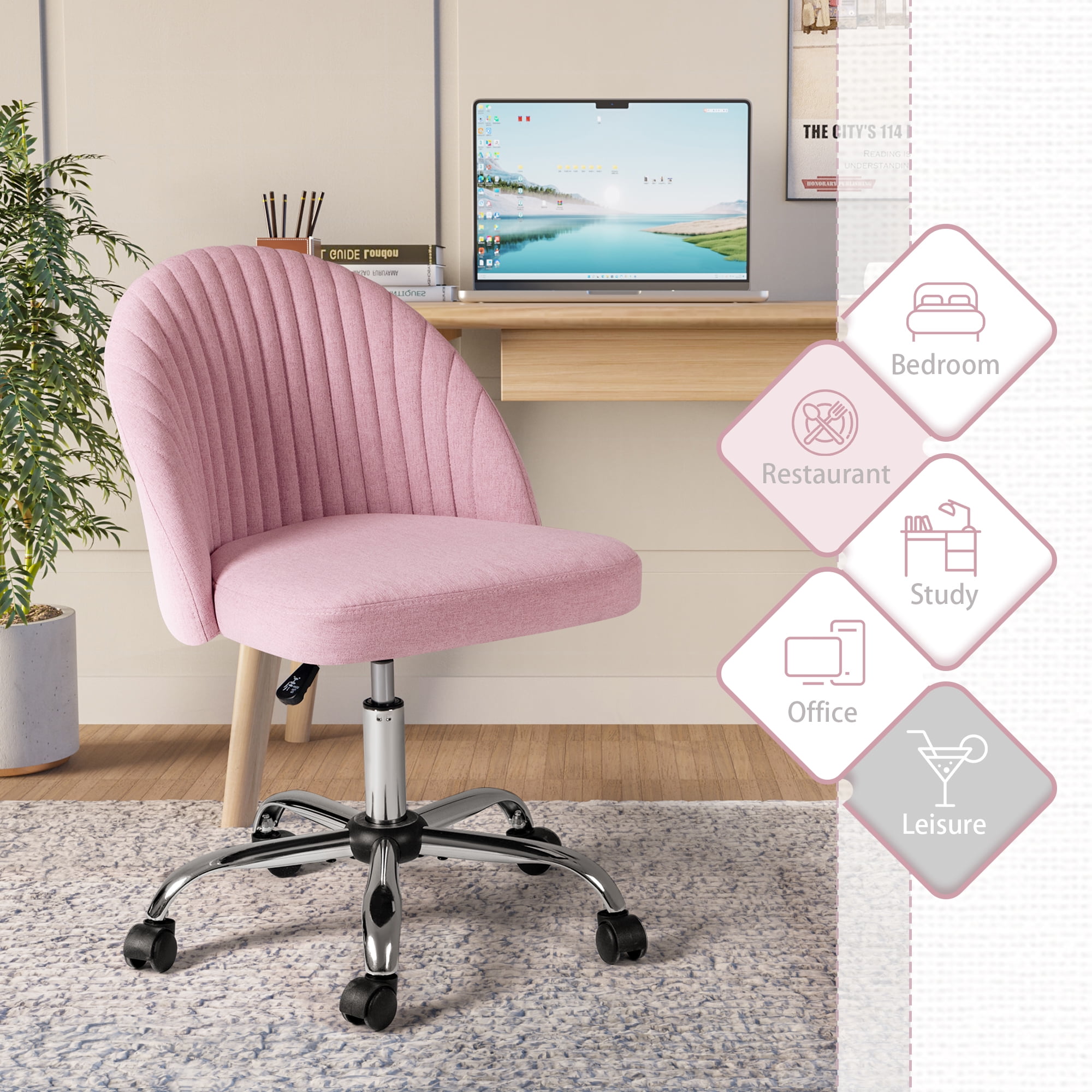 Homall Home Office Chair Adjustable Swivel Vanity Chairs Mid Back Rolling Task Chairs for Bedroom, Living Room or Study, Pink