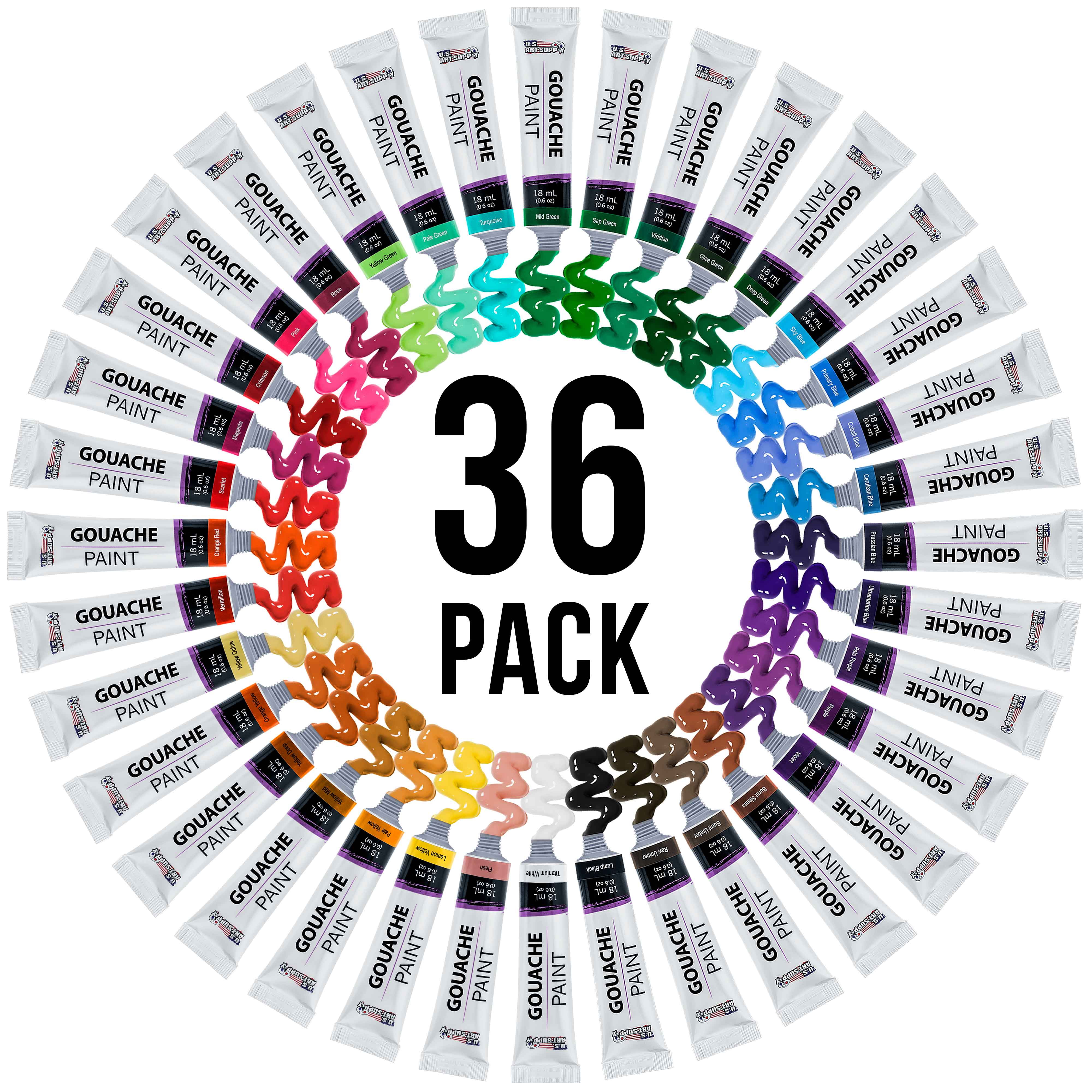 U.S. Art Supply Professional 36 Color Set of Gouche Paint in Large 18ml Tubes - Bonus Color Mixing Wheel