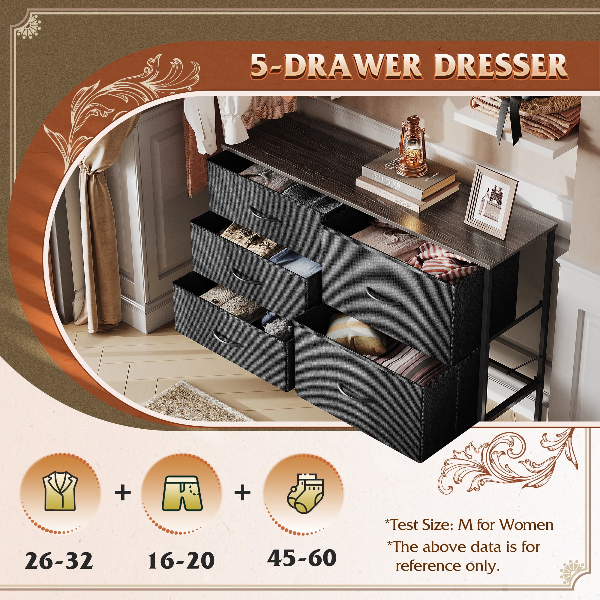 GALAXHERO 5 Drawer Dresser for Bedroom, Wide Chest of Drawers Nightstand Storage Organizers with Wood Top for Living Room, Hallway, Charcoal Black