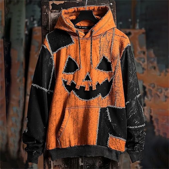 CONZONE Mens Halloween Hoodies Long Sleeve Hallowmas Fleece Pullover Hoodie for Men Pumpkin Face Graphic Warm Hooded Sweatshirts With Pocket