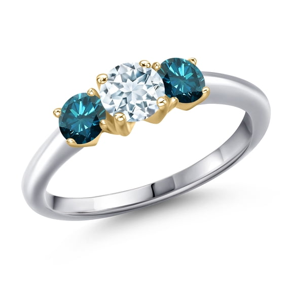 Gem Stone King 925 Silver and 10K Yellow Gold Sky Blue Aquamarine and Blue Diamond Engagement Ring for Women | 1.04 Cttw | Round 5MM | Gemstone March Birthstone | Size 6