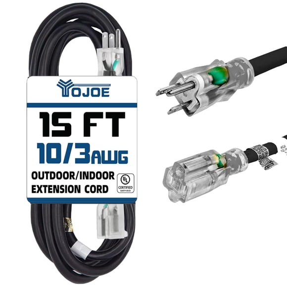 Cable de extensión YOJOE 10, calibre 10, 15 A, 15 pies para interiores y exteriores, negro